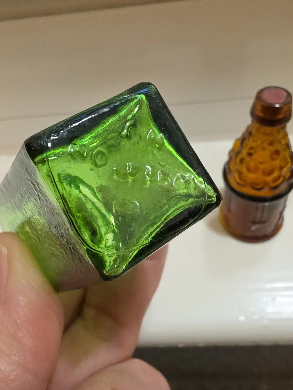 Vintage Green and Amber Miniature Decorative Glass Bottles - Home Accents